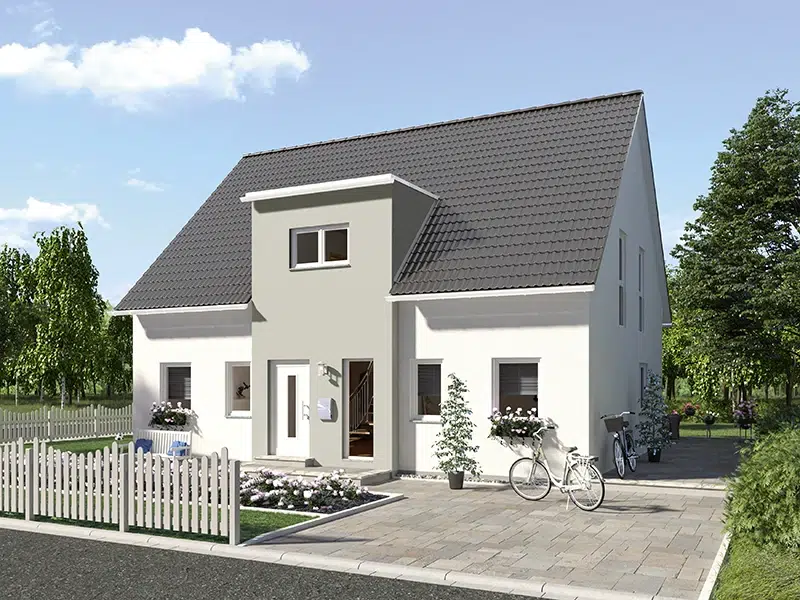 Spektral-Haus, Hausbau, massiv, Haus mit Vorgarten und Fahrrad